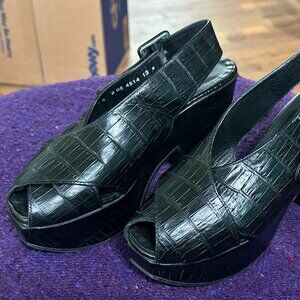 Robert Clergerie US 7.5 Platform Slingbacks Black Embossed "Crocodile" Leather